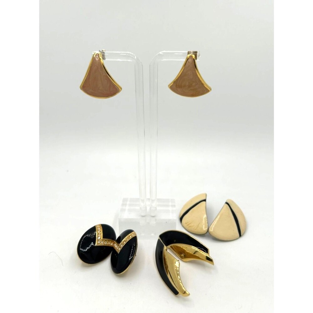 Vintage Napier Beige Enamel Fan Drop Earrings with Gold Trim + 3 more pairs